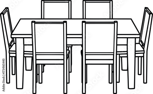 Simple outline drawing of a dining table with six chairs for coloring fun isolated on transparent background , line art illustration for children's simple coloring book
