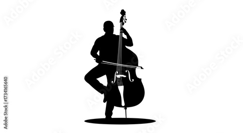 Dynamic musician passionately playing double bass with bow in silhouette for artistic performance