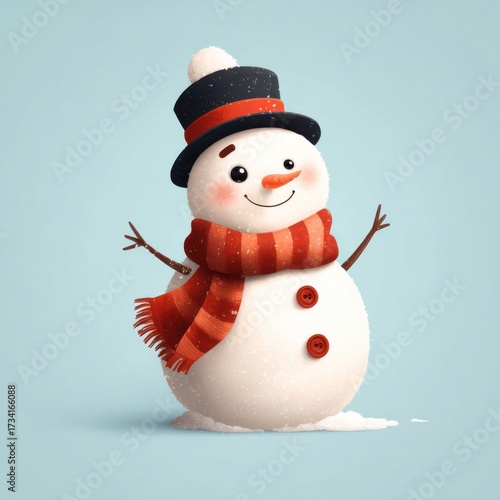 A cute snowman with scarf and hat in a winter scene