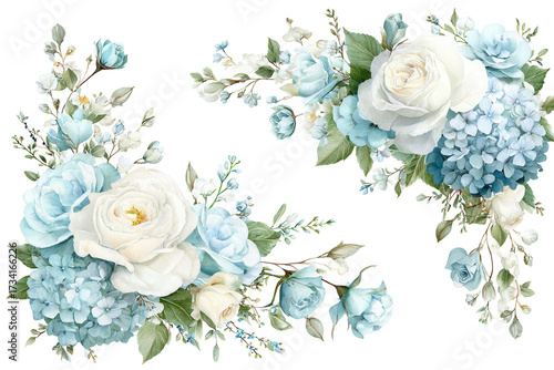 Elegant Corner Arrangements of Blue and White Watercolor Flowers
