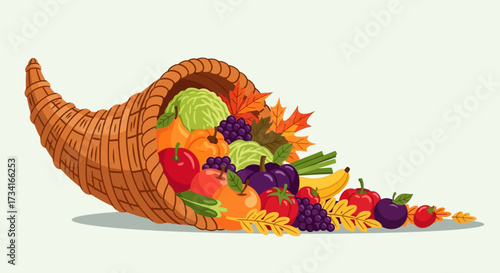 Autumn cornucopia (horn of plenty) with pumpkins. Vector illustration.