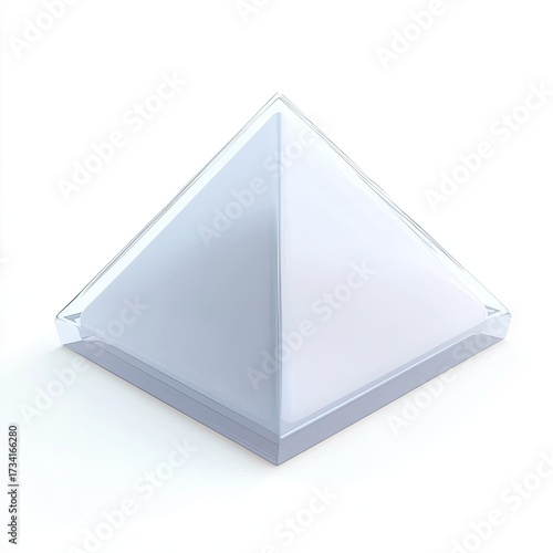 A solid, white pyramid, seemingly made of glass or plastic, sits centrally on a plain white background