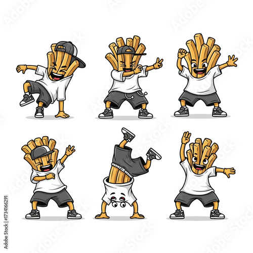 Vector illustration of a collection of six cartoon french fries characters dancing and striking poses, isolated on a