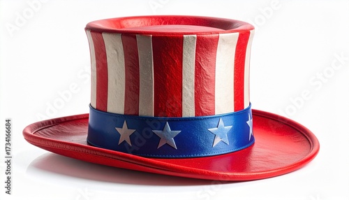 Uncle Sam-style top hat with red-white stripes and blue star band—evoking patriotism, celebration, and the bold choreography of identity, symbolism, and national pride.