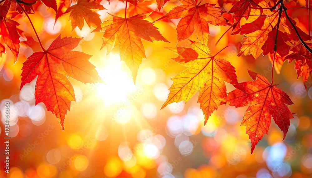 Fototapeta premium Autumn Foliage Displaying Vibrant Red and Orange Maple Leaves Backlit by Bright Sunlight Creating a Warm Golden Hue with Soft Focus