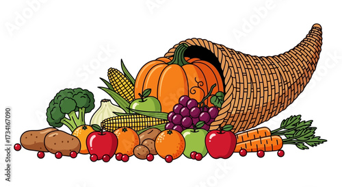 Autumn cornucopia (horn of plenty) with pumpkins. Vector illustration.