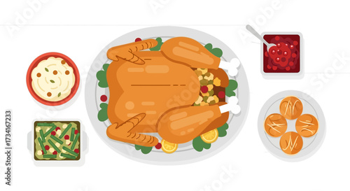 Illustration vector flat cartoon of food on happy Thanksgiving menu on dinner table setting as feast concept. Set of food on harvest festival on autumn. Roasted turkey and side dishes.