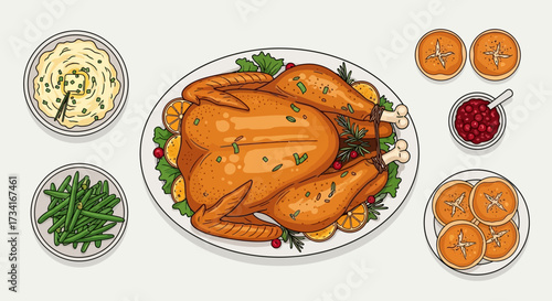 Illustration vector flat cartoon of food on happy Thanksgiving menu on dinner table setting as feast concept. Set of food on harvest festival on autumn. Roasted turkey and side dishes.