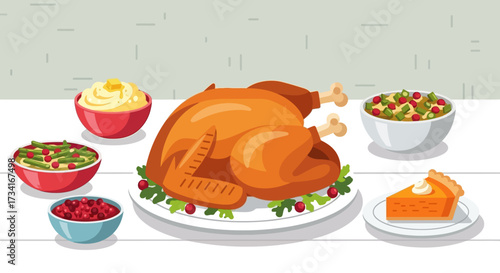 Illustration vector flat cartoon of food on happy Thanksgiving menu on dinner table setting as feast concept. Set of food on harvest festival on autumn. Roasted turkey and side dishes.