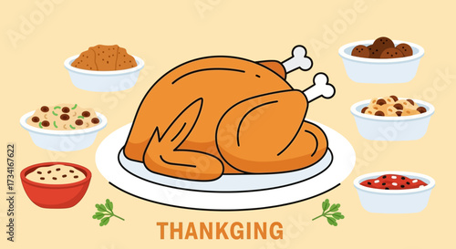 Illustration vector flat cartoon of food on happy Thanksgiving menu on dinner table setting as feast concept. Set of food on harvest festival on autumn. Roasted turkey and side dishes.