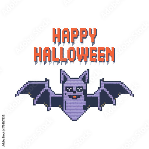 Pixel art bat with happy halloween text isolated on white background