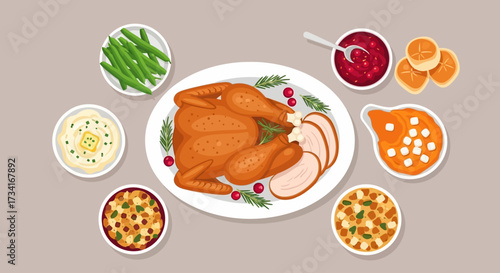 Illustration vector flat cartoon of food on happy Thanksgiving menu on dinner table setting as feast concept. Set of food on harvest festival on autumn. Roasted turkey and side dishes.