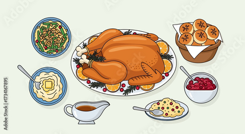 Illustration vector flat cartoon of food on happy Thanksgiving menu on dinner table setting as feast concept. Set of food on harvest festival on autumn. Roasted turkey and side dishes.