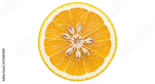 Isolated Orange slice, citrus fruit piece with seeds, center cross-section, healthy food diet