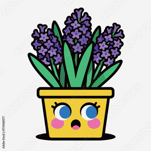 Vibrant potted hyacinth plant with stunning purple flowers and green leaves, growing in a yellow square pot with a surprised, wide-eyed cartoon face illustration.