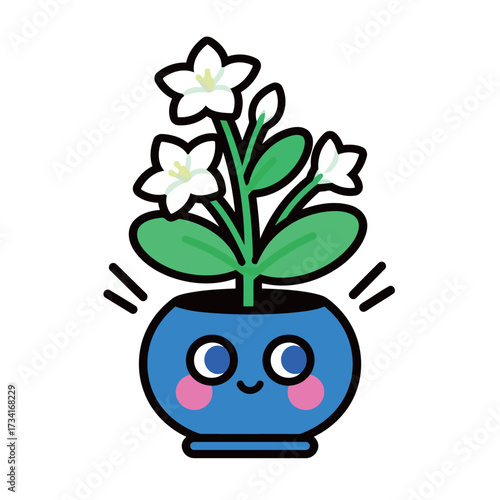 Charming potted jasmine plant with white flowers and green leaves, growing in a happy blue spherical pot with a wide smile and rosy-cheeked cartoon face illustration.