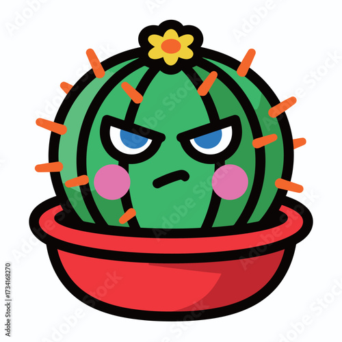 Angry green prickly cactus in a round red pot with an intense, frowning face, blue eyes, and pink cheeks, illustrated in a bold cartoon doodle style.