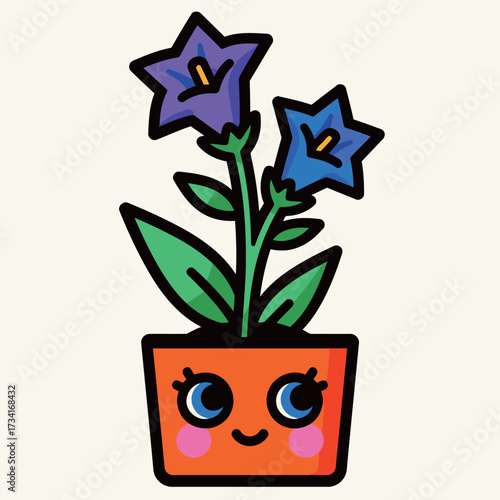 Bild auf Leinwand Delightful potted bellflower plant with purple and blue star-shaped flowers, growing in an orange pot with a cute, smiling, big-eyed cartoon face illustration