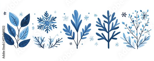 Winter-themed graphic elements.  Stylized blue leaves, branches, and snowflakes are set against a white background.  Each element is distinct and features smooth, painted-like edges