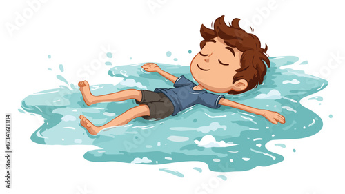 Cheerful Boy Floating on Water in Cartoon Style Vector Illustration