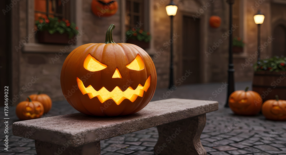 Obraz premium Glowing Jack-o'-Lantern on a Stone Bench in a Charming Old Town Square during Halloween Night