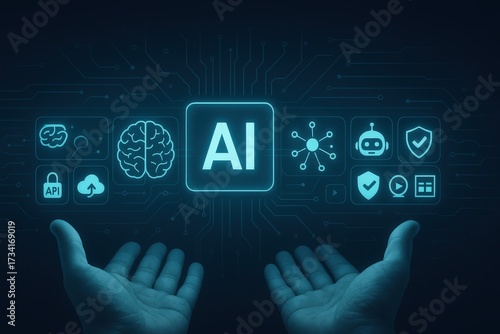 Human hands reaching towards a glowing interface with AI-related icons, including brain, cloud, robot, and shield symbols, against a dark background with digital circuit patterns; the image portrays