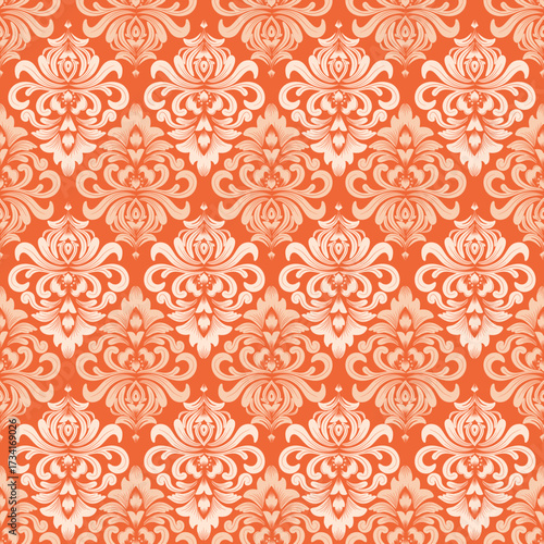vector damask seamless pattern with orange flowers, vintage and luxury, vector illustration elegant for textile, wall paper, curtains, bedding, rug, cushion cover, upholstery fabric, wrapping, scarf