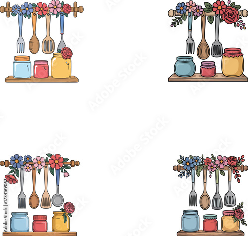 Kitchen Utensils and Jars with Floral Accents