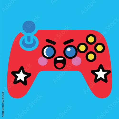 Furious red video game controller character with joystick and yellow buttons, showing an intense and excited expression in a vibrant cartoon doodle gaming style.