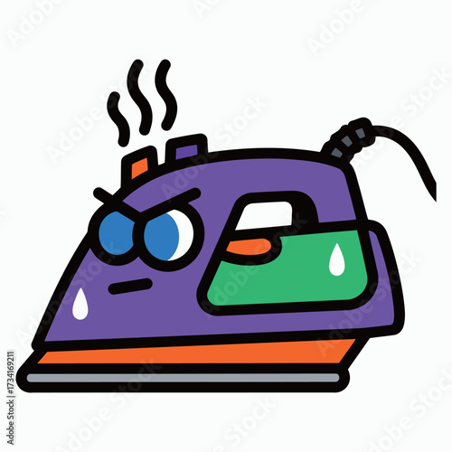 Angry and overworked purple and orange steam iron character letting off steam, showing frustration and heat, illustrated in a bold cartoon doodle style.