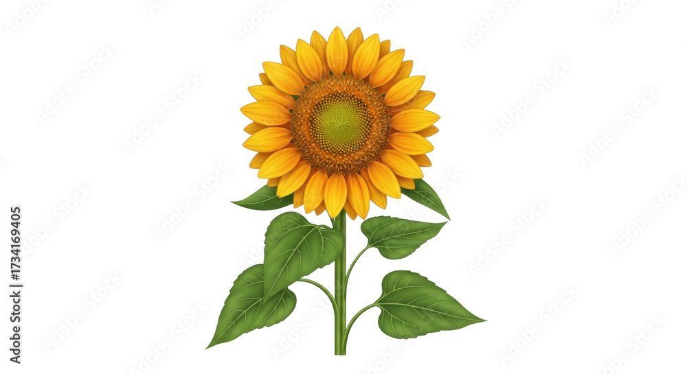 Obraz premium Isolated cheerful yellow sunflower, green leaves, vibrant summer floral clip art, no background