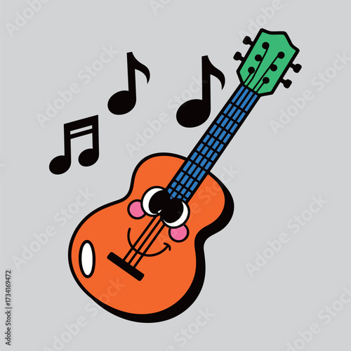 Happy orange ukulele character with a smiling face and musical notes floating around, featuring a green neck and blue strings, drawn in a playful cartoon doodle style.