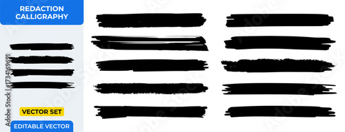 Vector Black Ink Brush Stroke Set for Redaction, Underline, and Grunge Texture Overlay, Isolated Hand-Drawn Abstract Marker Scribble Calligraphy Element for Graphic Design