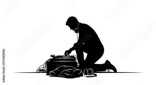 Dynamic DJ silhouette crafting beats with turntable, creating energetic party vibes for clubs and events