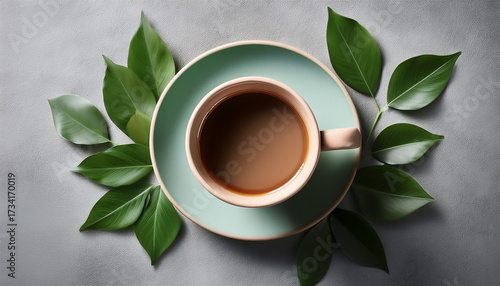 A Coffee Cup Sits On A Textured Surface Next To Green Leaves Creating A Natural And Minimalist Aesthetic