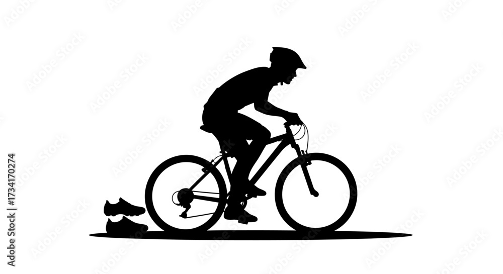 Fototapeta premium Dynamic cyclist in silhouette rides mountain bike wearing helmet, ready for adventure
