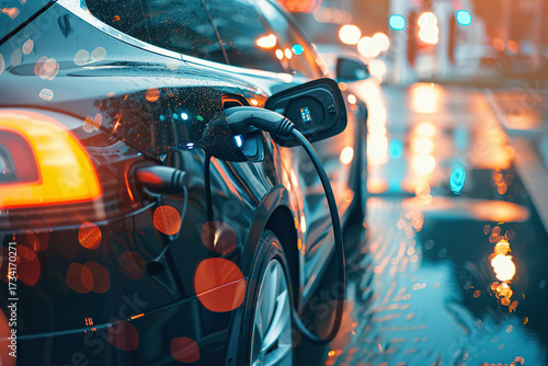 Power source for charging battery of beautiful hybrid electric car on road, abstract vivid composition consists of fictional unreal fantastic vision on background