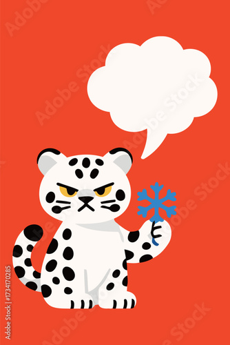 Angry snow leopard character with a determined expression, holding a blue snowflake, illustrated in a bold flat vector style with a blank thought bubble on an orange background.
