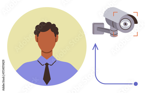 Profile of an anonymous individual next to a security camera with focus indicators, representing surveillance, monitoring, and tracking. Ideal for technology, security, data privacy, identification