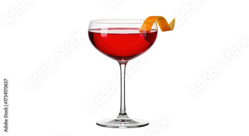 Isolated red cocktail in coupe glass with orange zest garnish, bar drink presentation