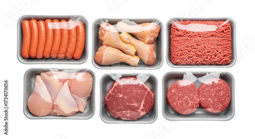 Isolated, assortment of different types of meat food in grey trays, packaging, wrapped plastic