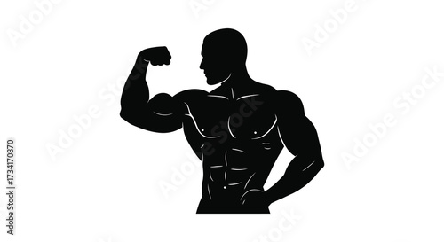Muscular man flexing biceps and showing defined abs a striking silhouette