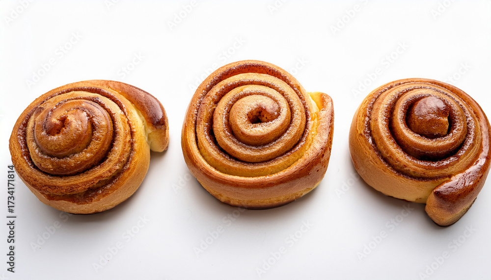 Fototapeta premium Three Freshly Baked Cinnamon Rolls With Golden Brown Pastry And Swirls Of Cinnamon Filling On A White Background