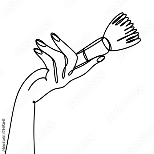 Hand holding makeup brush continuous one line art drawing 