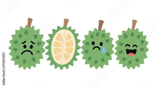 Set of four cute happy and sad durian fruit characters showing different emotions cartoon vector illustration isolated on white background for tropical fruit and dessert concepts