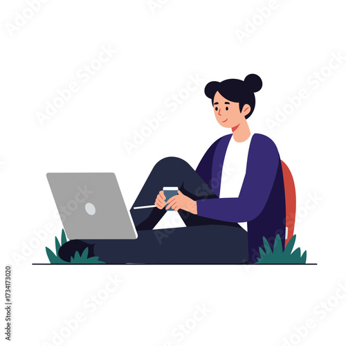 Woman relaxing outdoors with laptop and coffee
