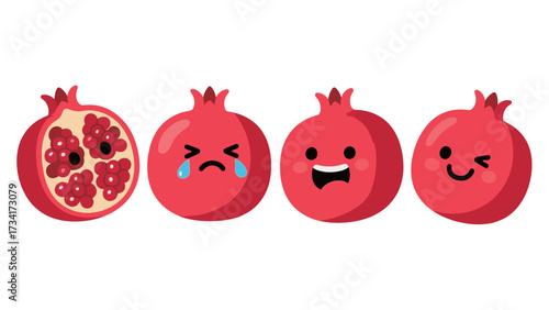 Set of four cute happy and crying red pomegranate fruit characters showing different emotions cartoon vector illustration isolated on white background for superfood and healthy eating