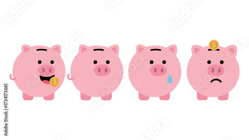 Set of four cute sad and happy round piggy bank characters with coin money cartoon vector illustration isolated on white background for finance and saving concepts