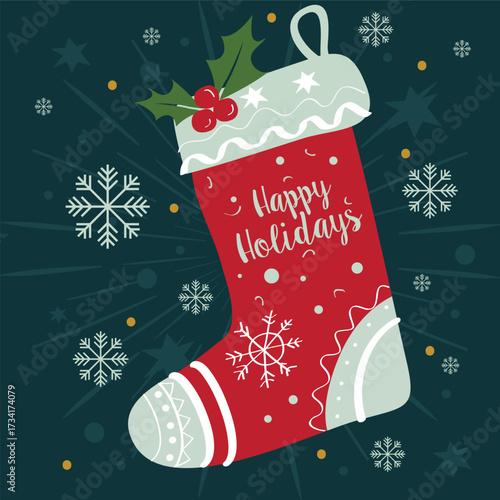 happy holidays text with red christmas socks and snowflakes ornament