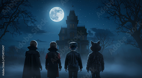 Children in Halloween costumes look at a haunted mansion under a full moon, creating a spooky and mysterious night scene perfect for Halloween.